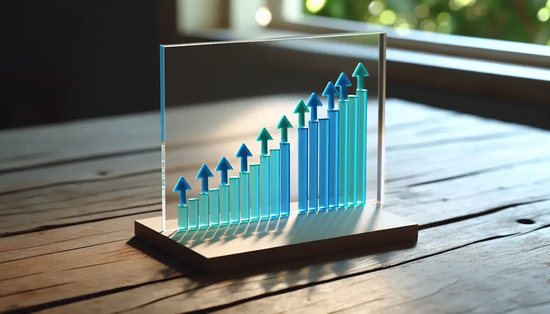 Close-up of a transparent acrylic board with colorful plastic arrows indicating an upward trend on a green blurred background.