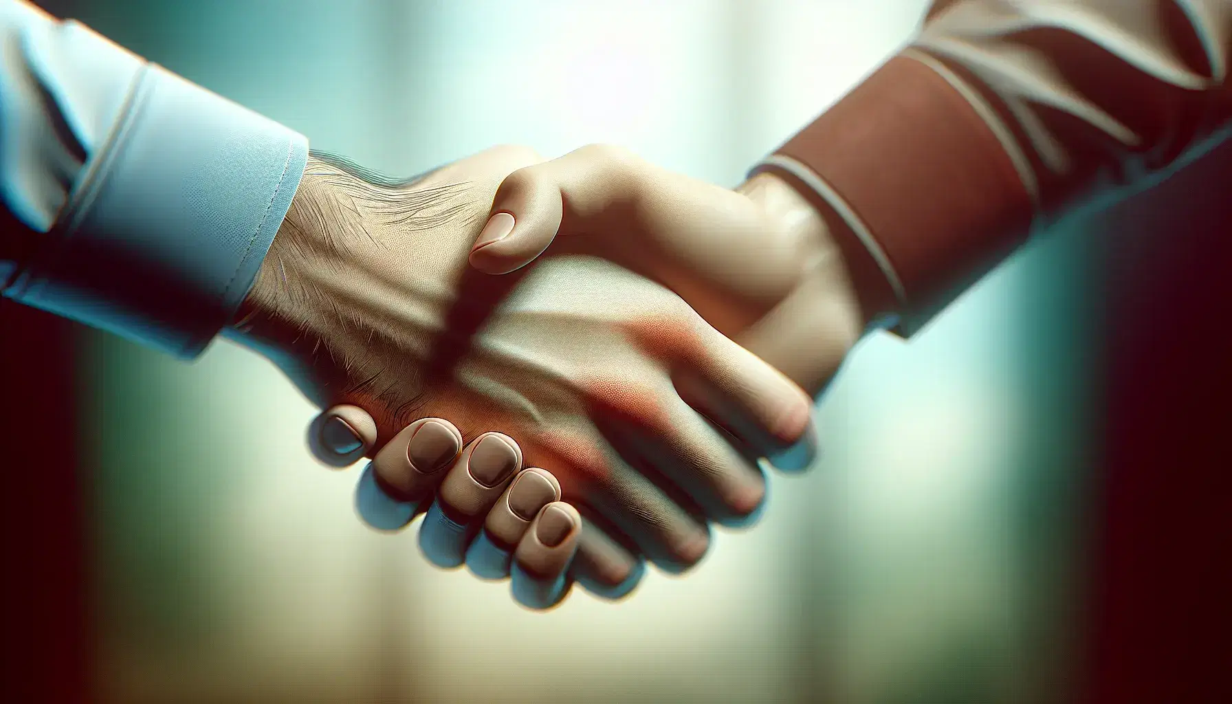 Close handshake between two people, one with light skin and the other with dark skin, on a blue-green blurred background.