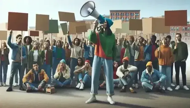 Multicultural crowd with blank signs in a peaceful protest at a park, person with megaphone speaking passionately, urban backdrop, clear sky.