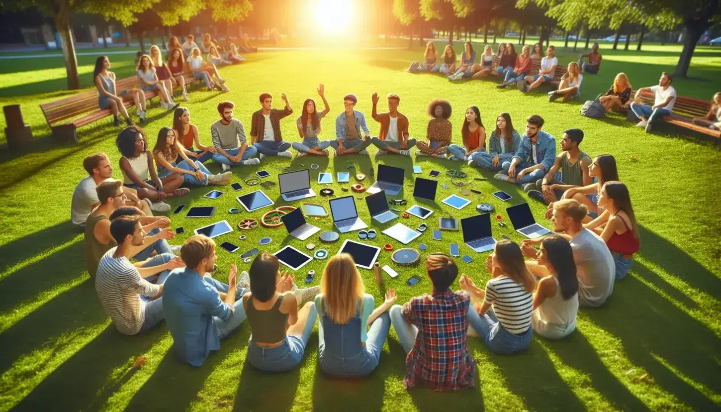 Grupo diverso de jóvenes interactuando sin dispositivos electrónicos en un parque soleado, con árboles y cielo azul de fondo.
