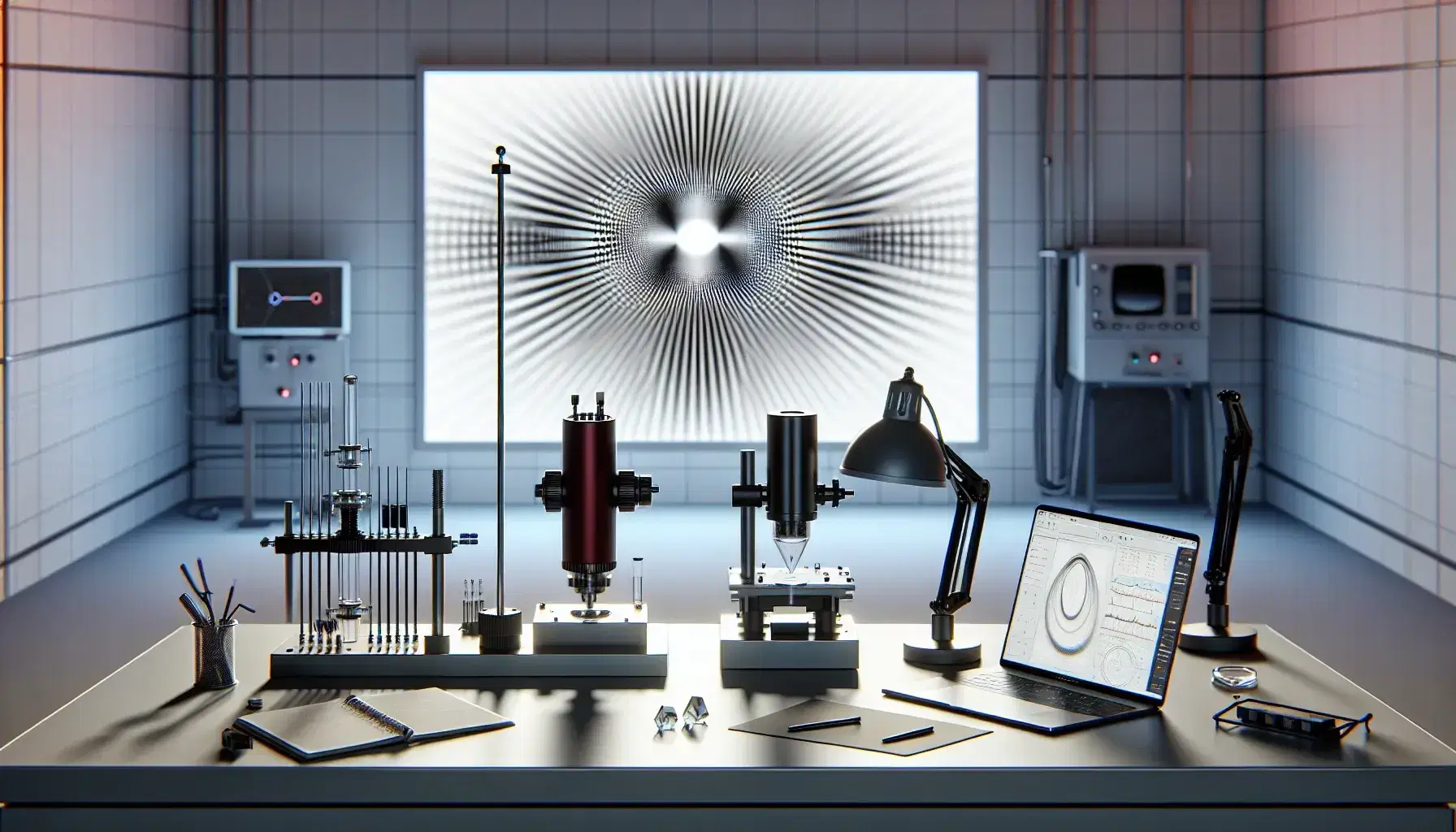 Laboratorio de física moderna con láser rojo, lentes ópticas, difractómetro de cristal y patrón de interferencia en pantalla, sin personas visibles.