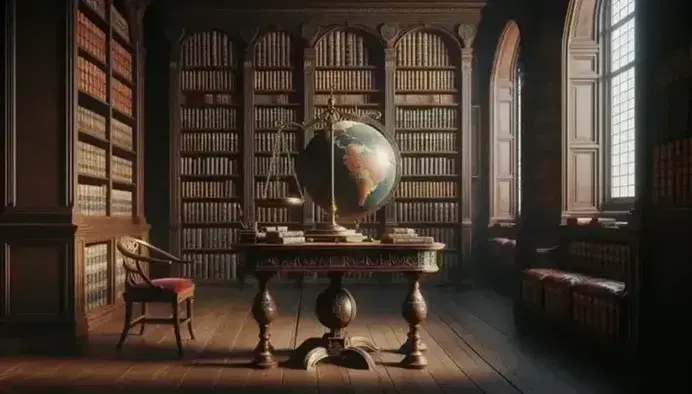 Biblioteca clásica con estanterías de madera oscura llenas de libros encuadernados en cuero, mesa central con globo antiguo y balanza de bronce, iluminada por ventana arqueada.