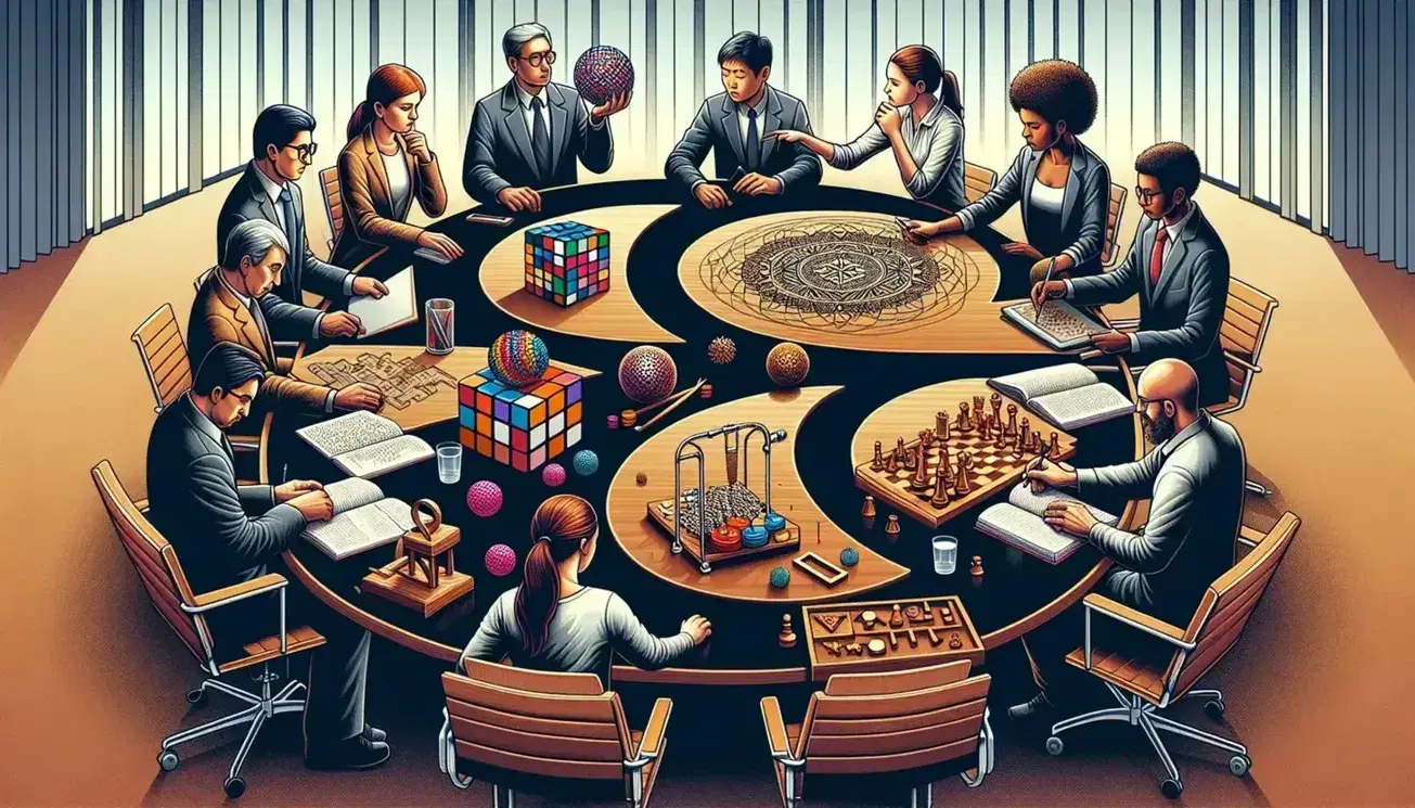 Diverse group engaged in intellectual activities around a conference table, including solving a Rubik's Cube, drawing with a compass, assembling a puzzle, playing chess, juggling, and reading.