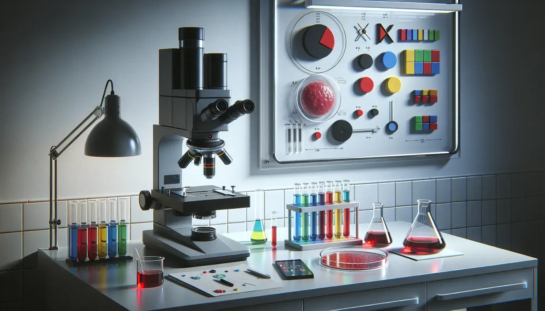 Microscopio elettronico in laboratorio scientifico con provette colorate e campione biologico su tavolo bianco, lavagna magnetica sul muro.