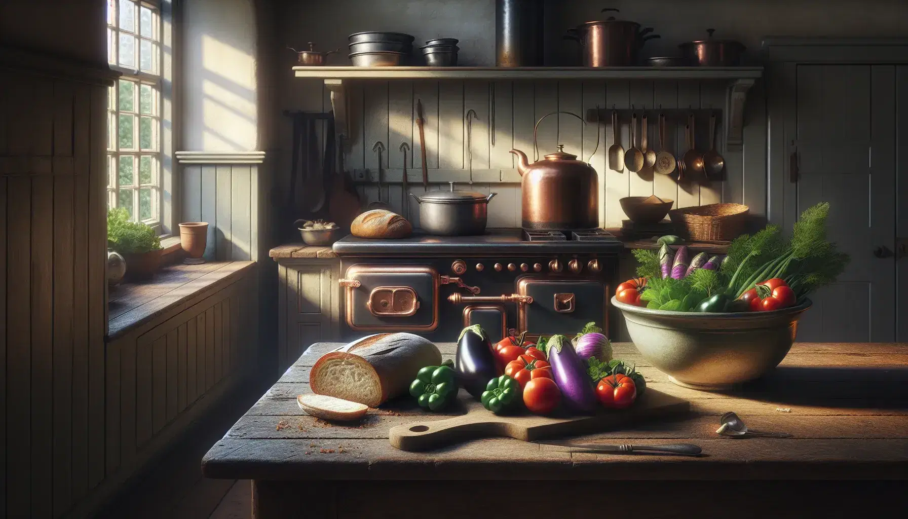 Rustic kitchen with natural light, wooden table with fresh vegetables and bread, stove with kettle, shelves with cookware, and woman gazing out window.