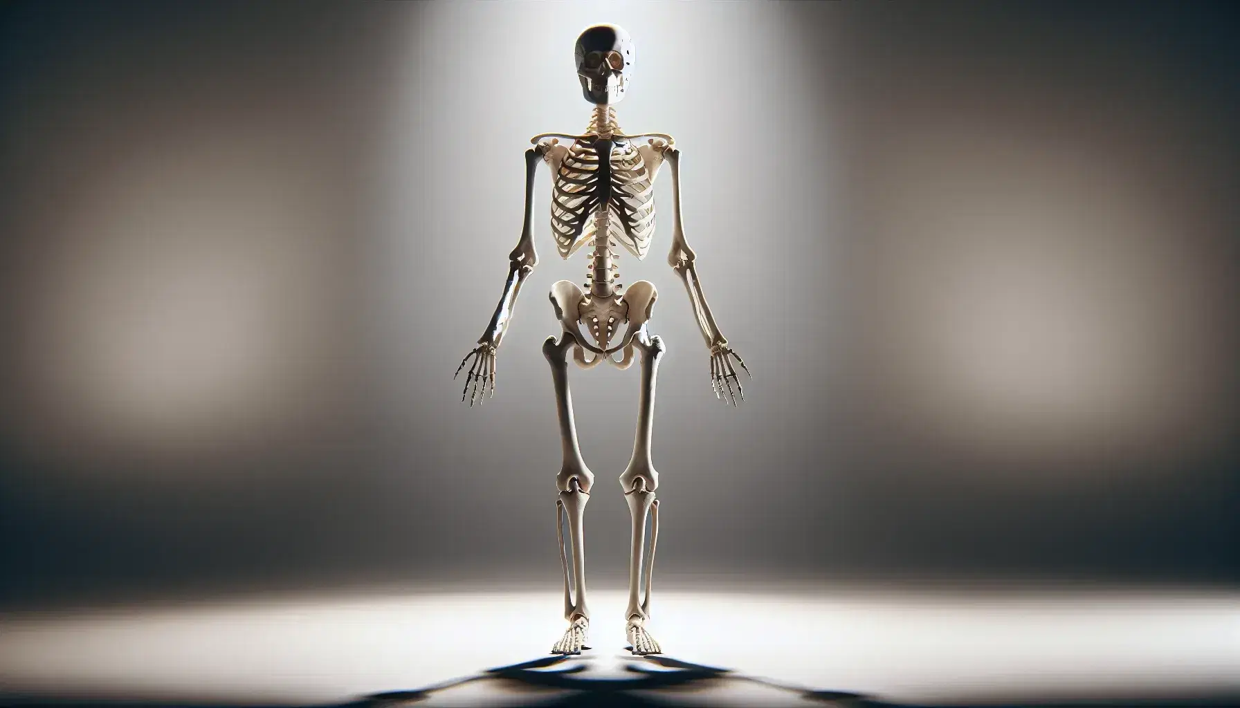 Scheletro umano completo in posizione eretta su sfondo neutro, con dettagli delle ossa e delle strutture anatomiche ben visibili.