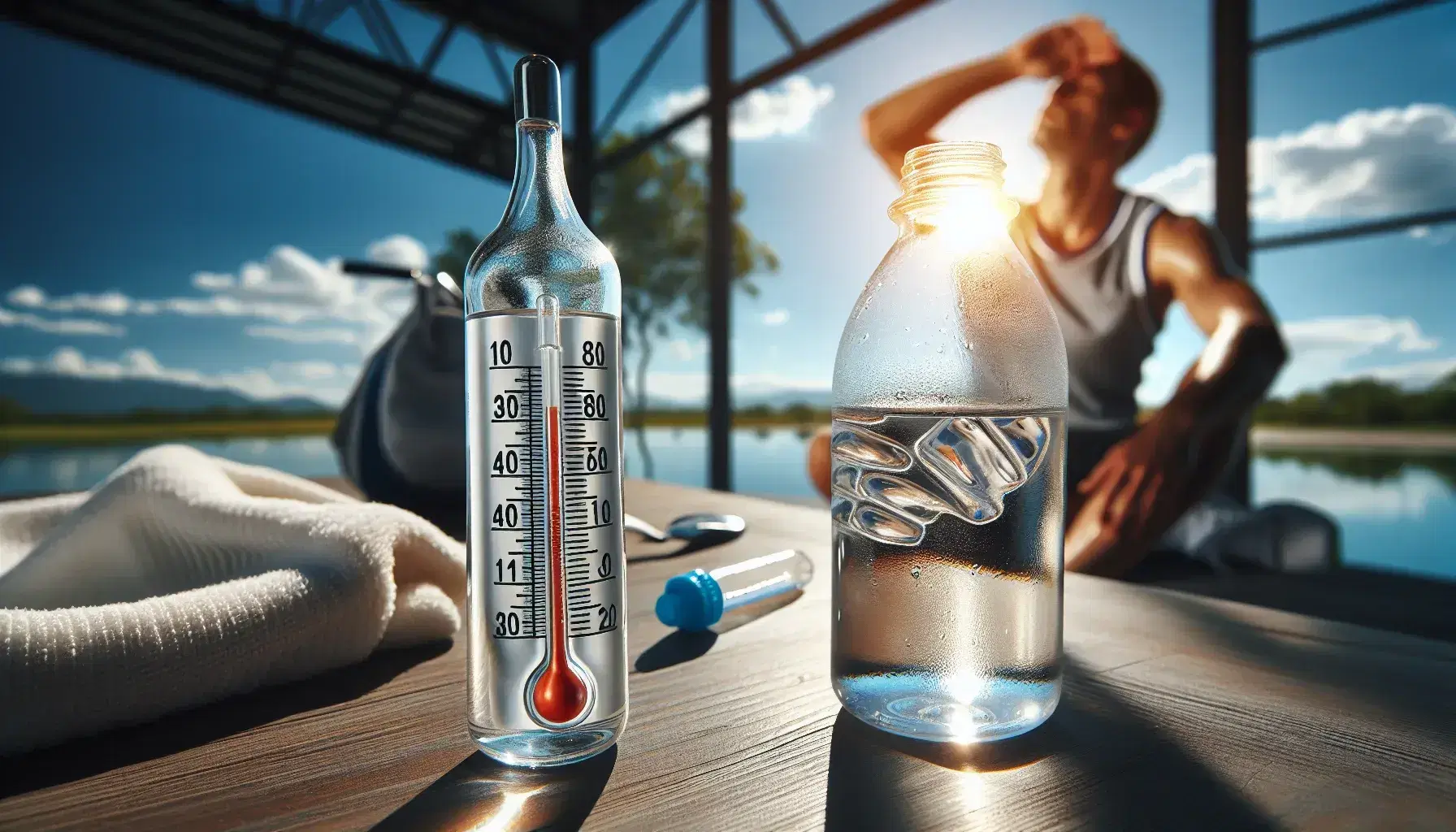 Termómetro de mercurio marcando alta temperatura en día soleado de verano, con botella de agua con condensación y toalla clara al lado, persona desenfocada con gesto de calor al fondo.