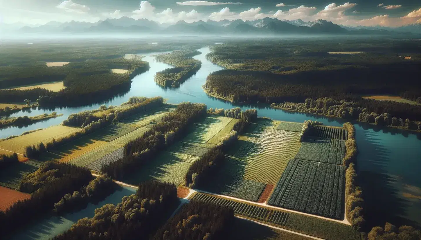 Vista aérea de paisaje natural con bosque denso, campo cultivado, río serpenteante y montañas nevadas bajo cielo despejado.