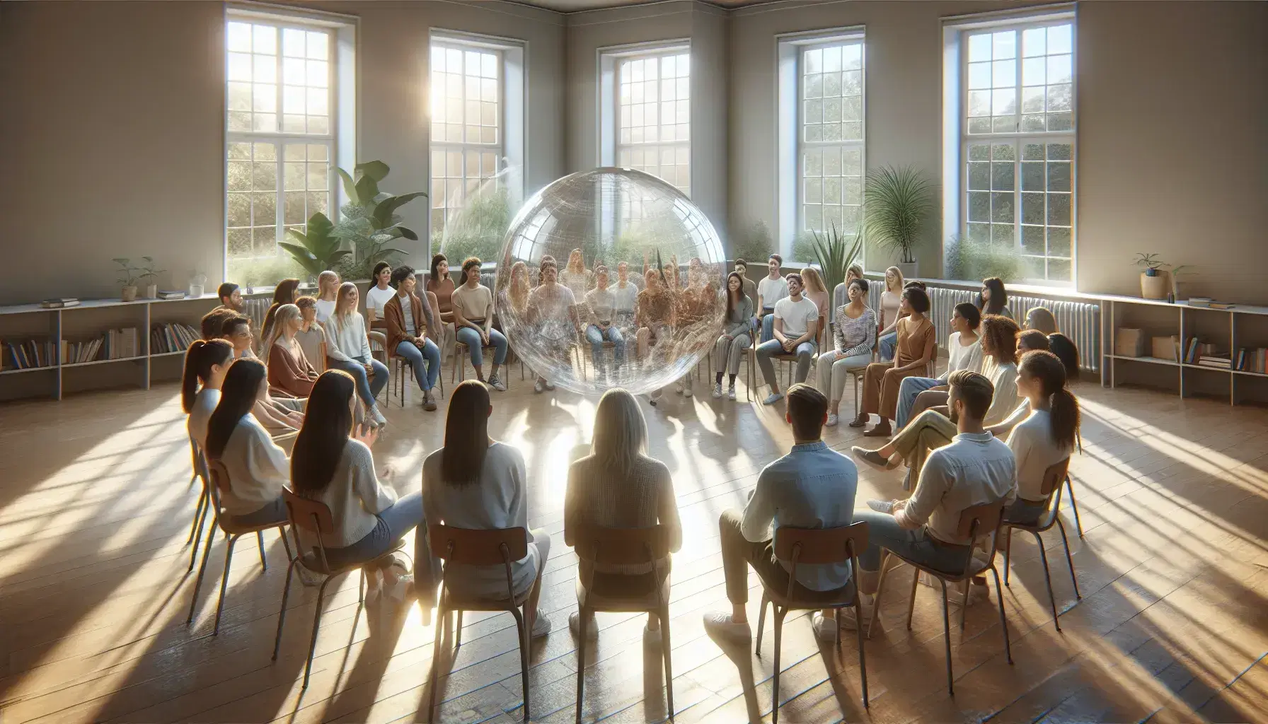 Grupo diverso de estudiantes en círculo en aula iluminada con esfera de vidrio en el centro, reflejando luz y mostrando interacción y empatía.