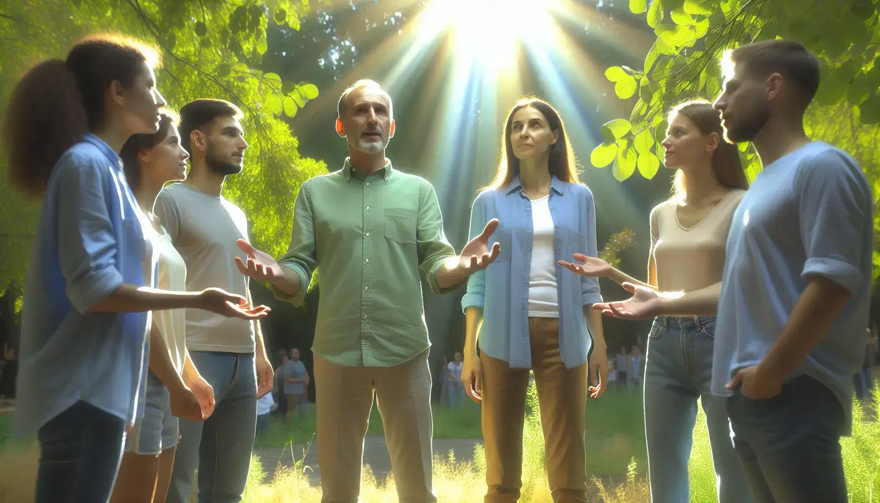 Grupo de cinco personas en parque atendiendo a hombre que gestiona con brazos extendidos, mujer con mano levantada, mesa con objetos y árboles al fondo.
