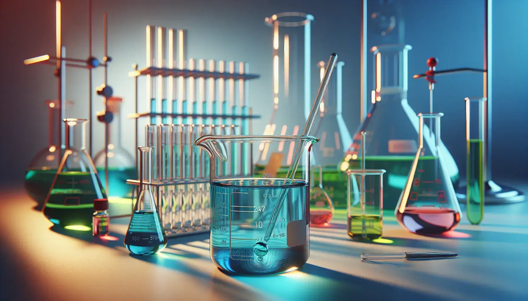 Laboratory with glass beaker and blue liquid, graduated cylinder with green liquid, flask with yellow solution and pipette with red liquid.
