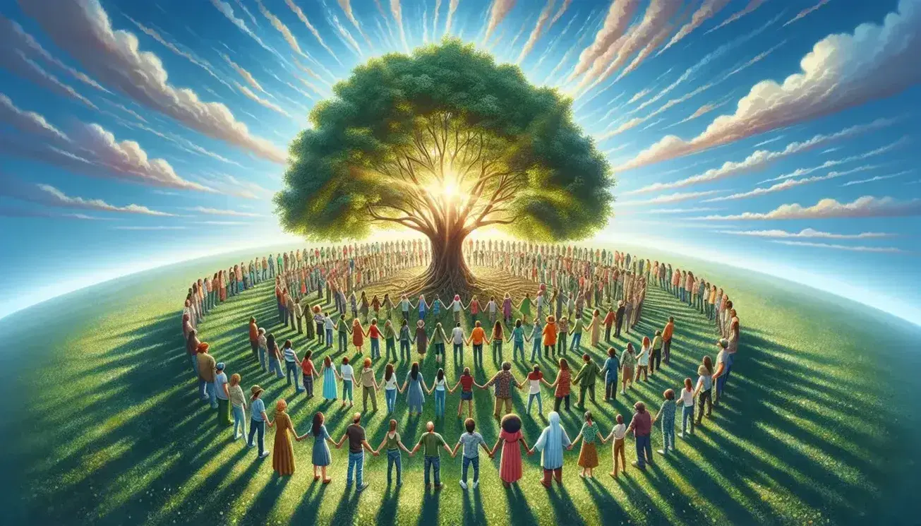 Grupo diverso de personas de distintas edades y etnias tomadas de las manos en círculo alrededor de un árbol frondoso en un día soleado, reflejando unidad y naturaleza.