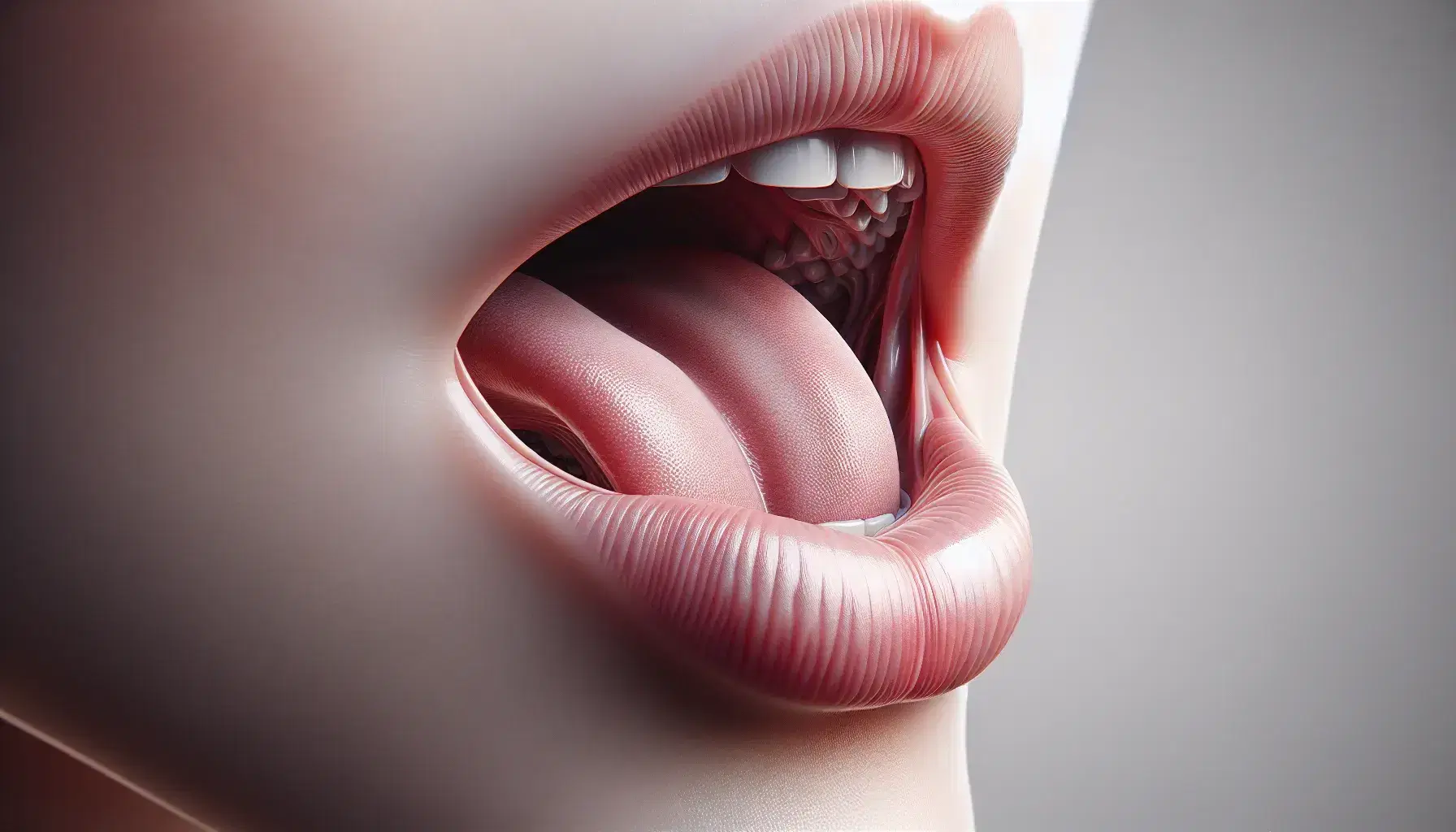 Close-up view of a human mouth with slightly parted lips, elevated tongue touching the soft palate, highlighting oral anatomy for velar consonant articulation.