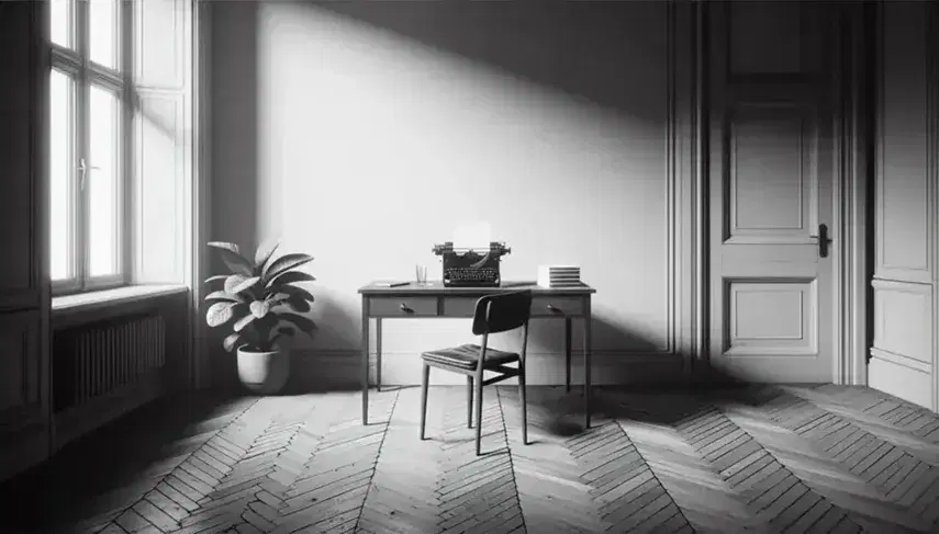 Vintage typewriter on a desk with blank paper, chair slightly pulled out, in a room with herringbone flooring and a potted plant, bathed in natural light.