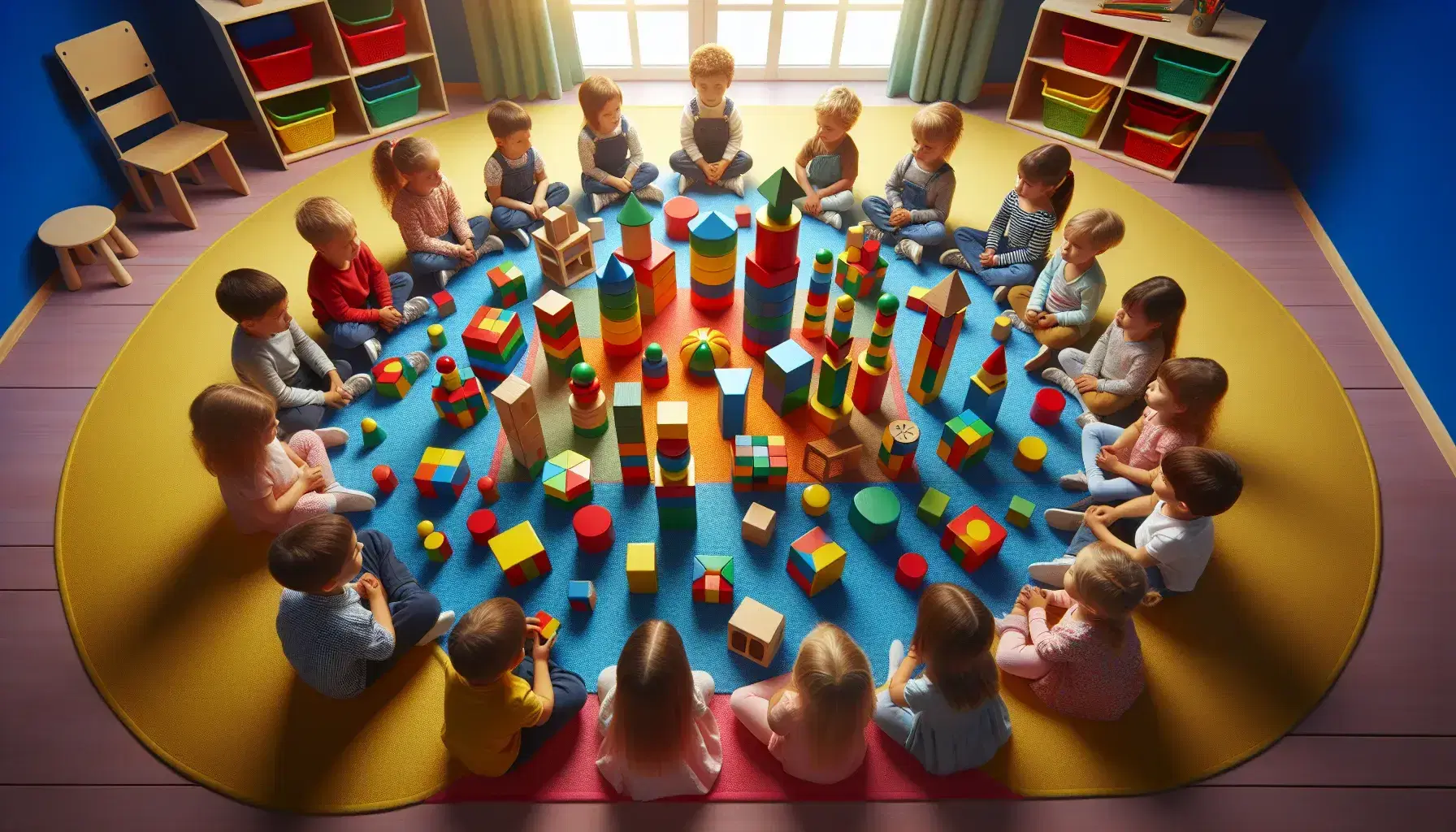 Niños en aula sentados en círculo sobre alfombra colorida jugando con bloques de construcción de madera de distintas formas y colores, mostrando concentración y curiosidad.
