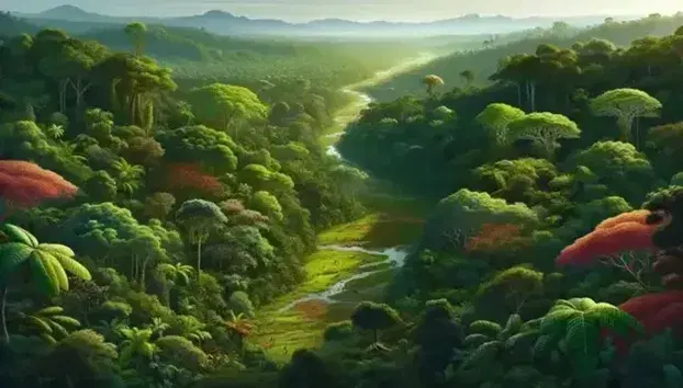 Lush rainforest canopy with diverse green foliage and flowering trees, a winding river, rolling hills, and distant misty mountains under a clear sky.
