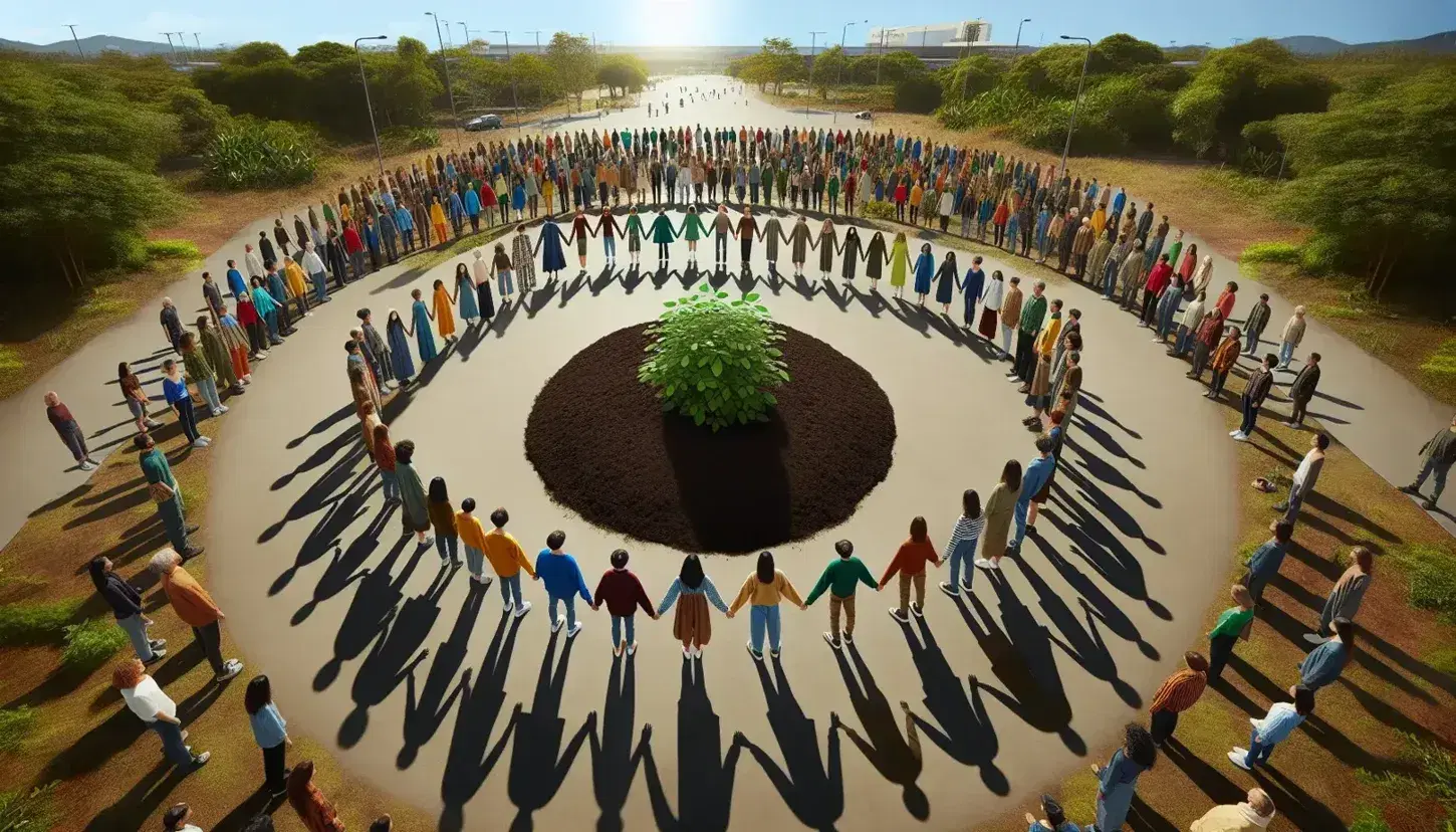 Grupo diverso de personas protegiendo una planta joven en un parque, simbolizando unidad y cuidado ambiental bajo un cielo despejado.