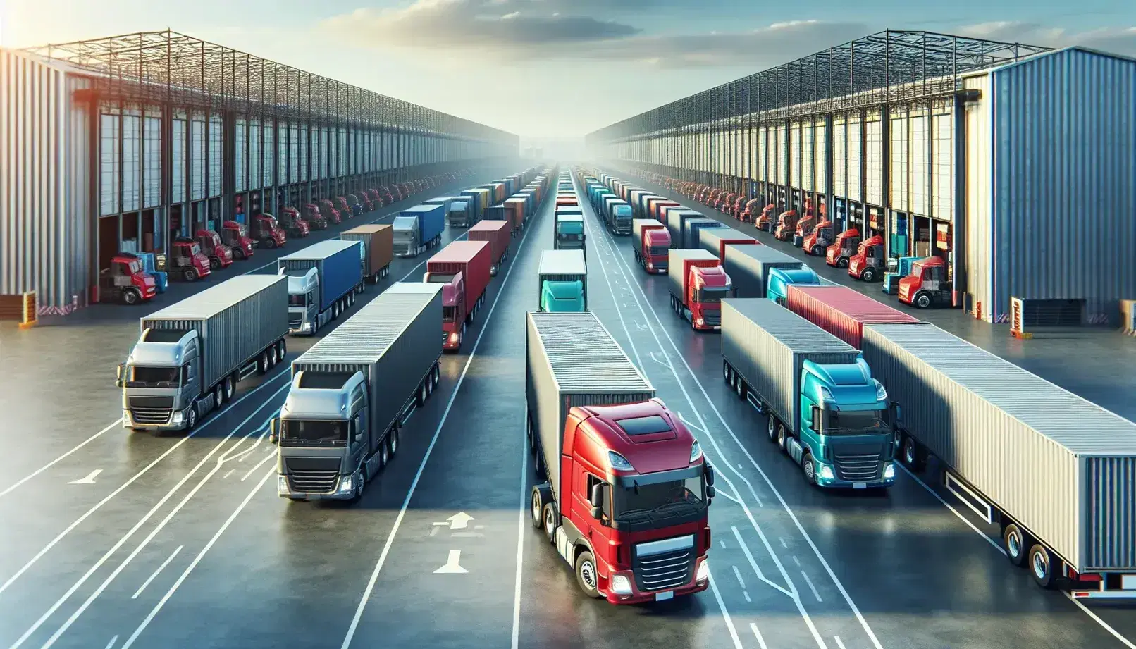 Camiones de carga alineados en centro de distribución logístico con estructuras de almacenamiento al fondo y cielo despejado.