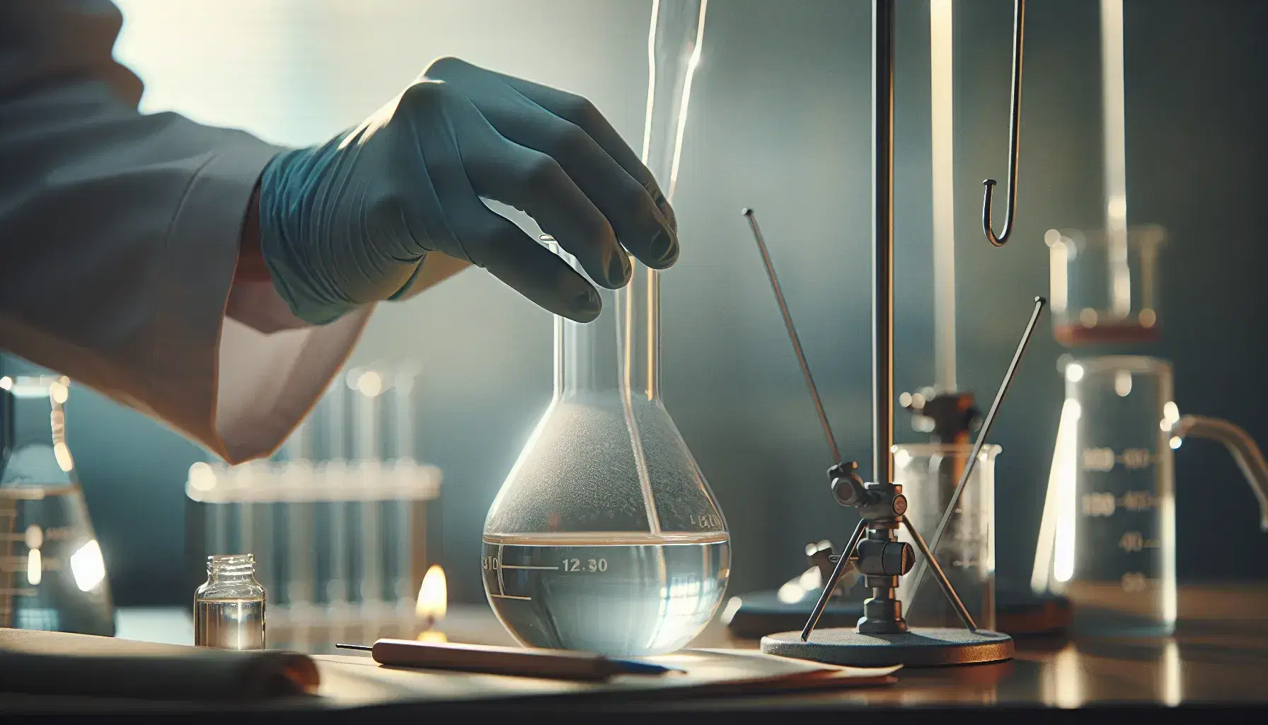 Student's gloved hands holding a beaker with clear liquid in a lab setting, with blurred equipment and a petri dish in the background.