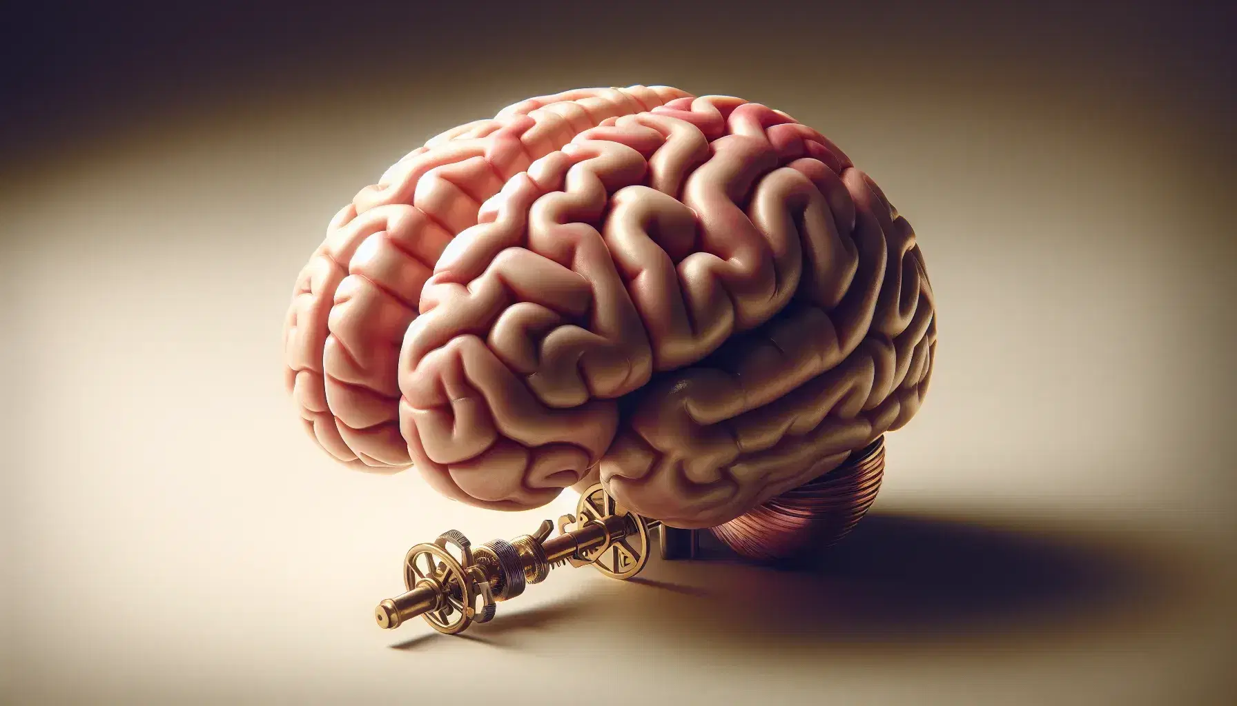 Detailed model of human brain in side view with reflective golden key on neutral background, without text or symbols.
