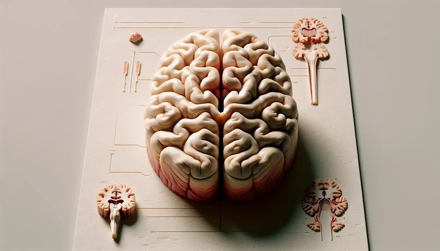 Modelo anatómico tridimensional del cerebro humano seccionado mostrando corteza cerebral, tallo encefálico, tálamo y sistema ventricular en superficie lisa.