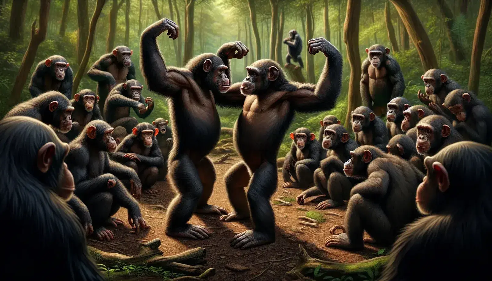 Adolescent chimpanzees in a forest clearing, two show a fight for dominance, others observe and groom themselves, lush forest backdrop.
