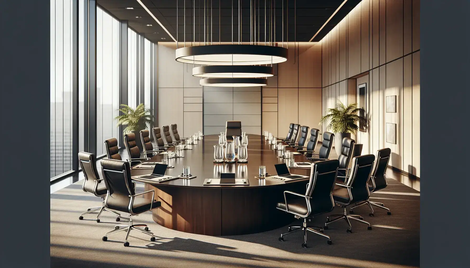 Elegant boardroom with a large oval wooden table, black leather chairs, glass water pitchers, and laptops, surrounded by tall windows and a leafy potted plant.