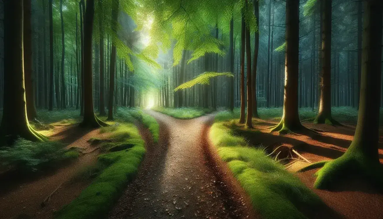 Serene forest pathway forks amid tall trees with dappled sunlight, a mossy boulder in the foreground, and no visible sky.