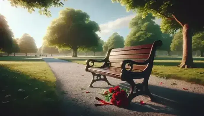 Panchina in legno marrone scuro con mazzo di rose rosse in parco pubblico, sentiero di ghiaia grigia, prato verde e alberi autunnali sotto cielo azzurro.
