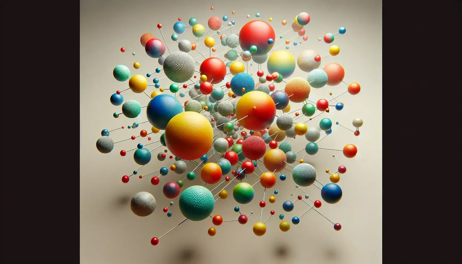Sfere colorate in 3D che simulano una struttura molecolare con nuclei e particelle in uno sfondo neutro.