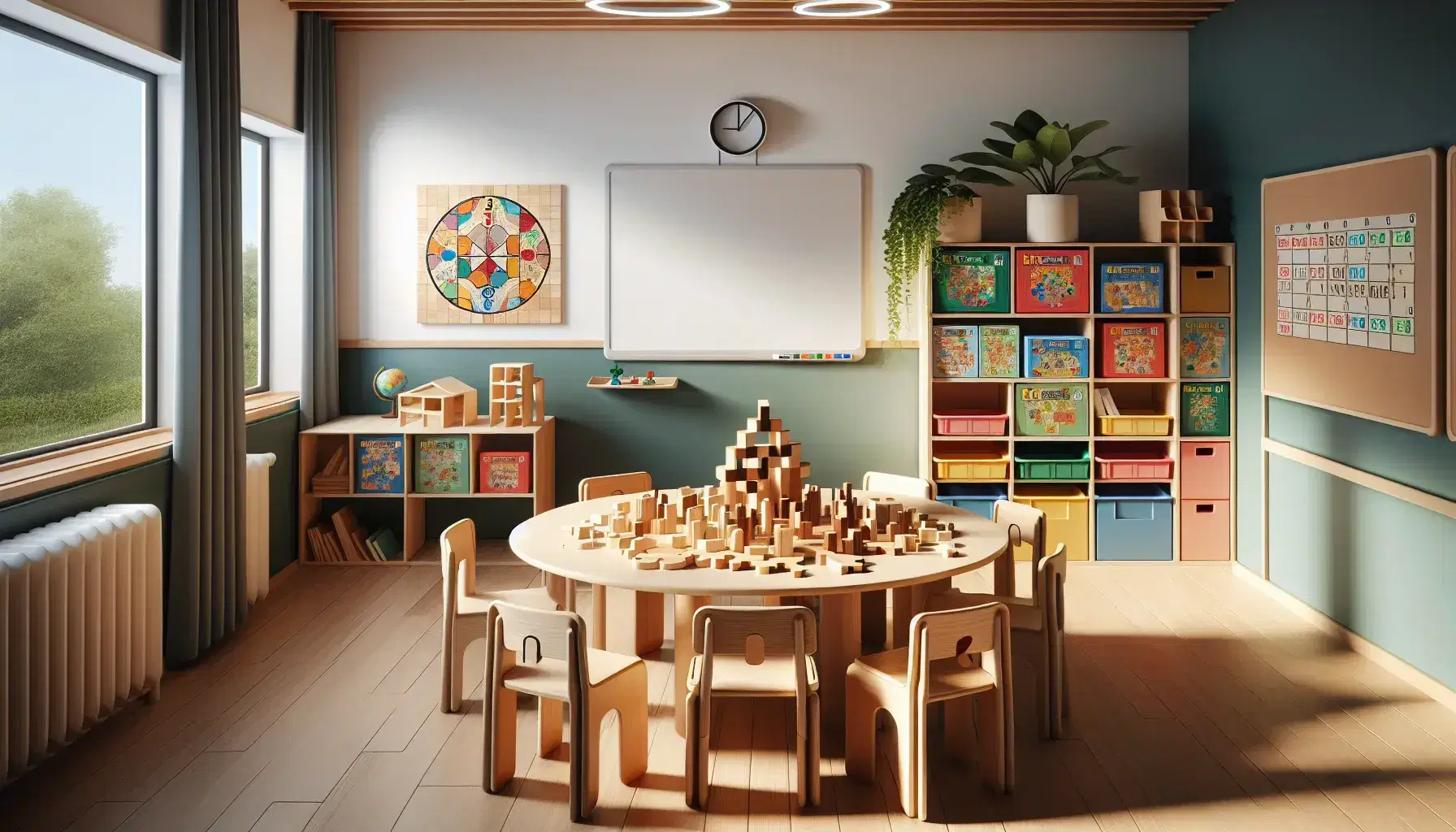 Aula escolar colorida con mesa redonda y sillas, puzzles de madera en proceso de armado, estantería con juegos de lógica y estrategia, pizarra blanca y planta interior bajo luz natural.