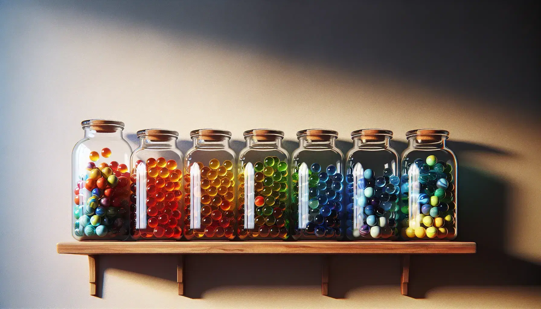Collection of glass jars on a wooden shelf, each filled with marbles in rainbow colors, decreasing in quantity and increasing in size from red to violet.