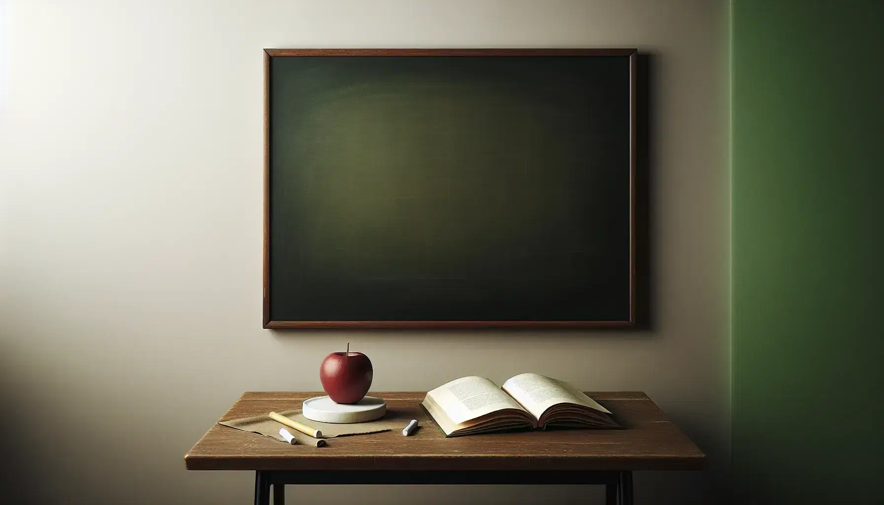 Pizarra verde oscuro sin escritura con tizas blanca y amarilla, libro abierto, manzana roja en plato y jarrón con flores coloridas sobre mesa de madera.