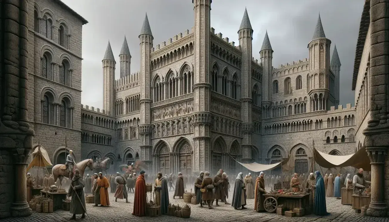 Scena medievale in città italiana con palazzo gotico, piazza vivace, figure in abiti d'epoca e cavalieri in armatura.