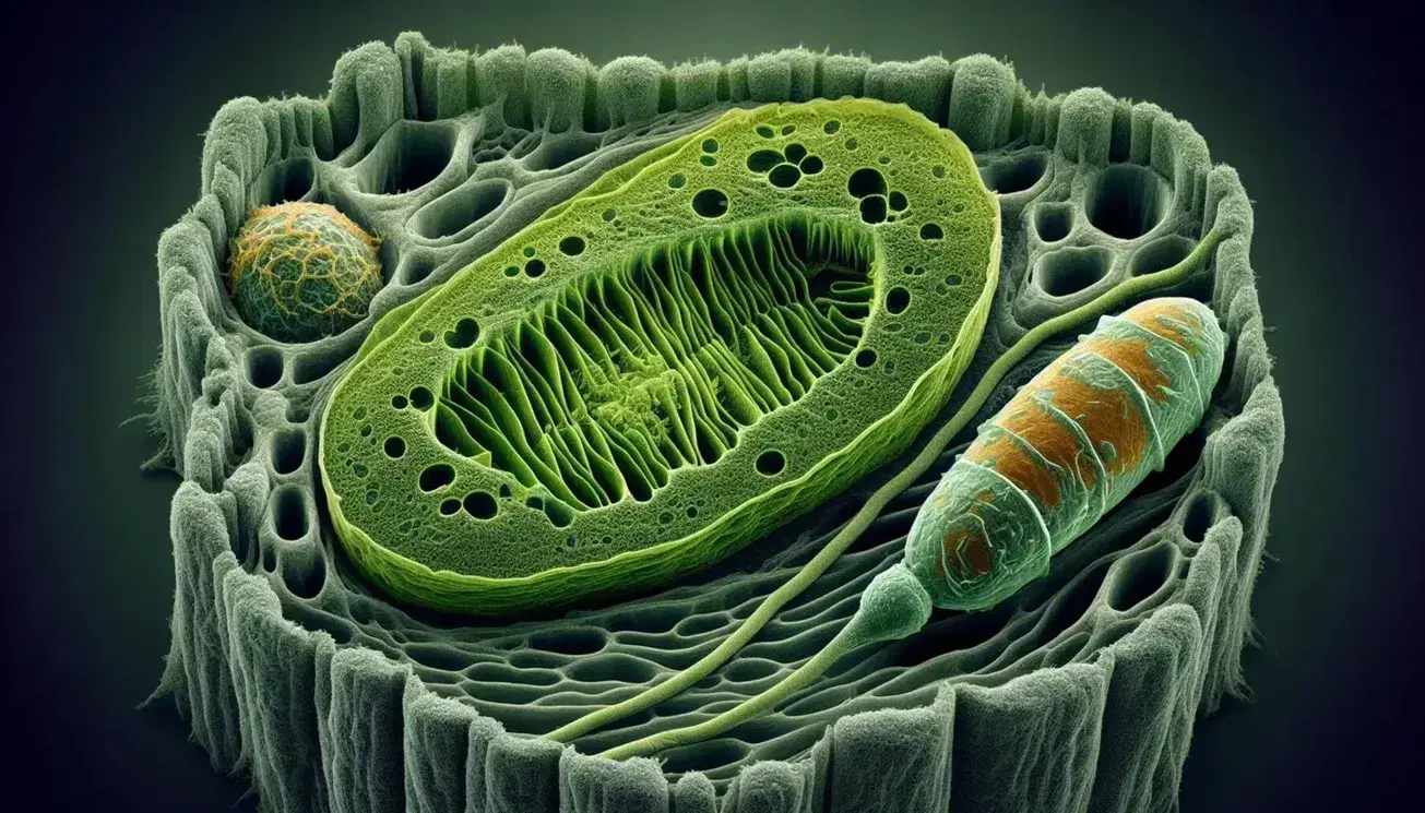 Vista microscópica de célula vegetal mostrando cloroplasto verde, mitocondria con crestas, amplia vacuola, citoesqueleto y pared celular definida.