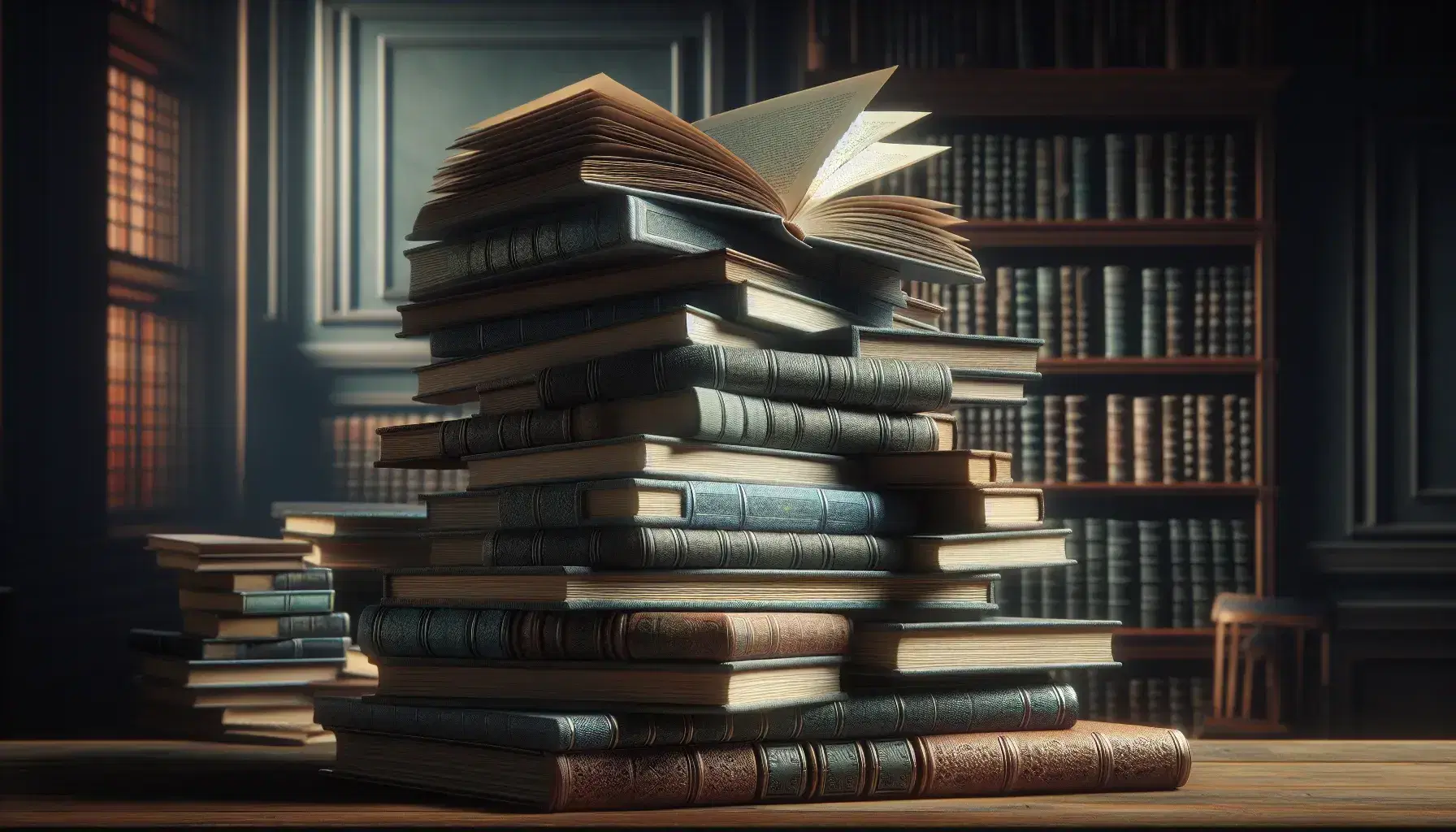 Stacked hardcover books in muted tones on a wooden table, with an open book on top and a blurred library background, bathed in soft lighting.