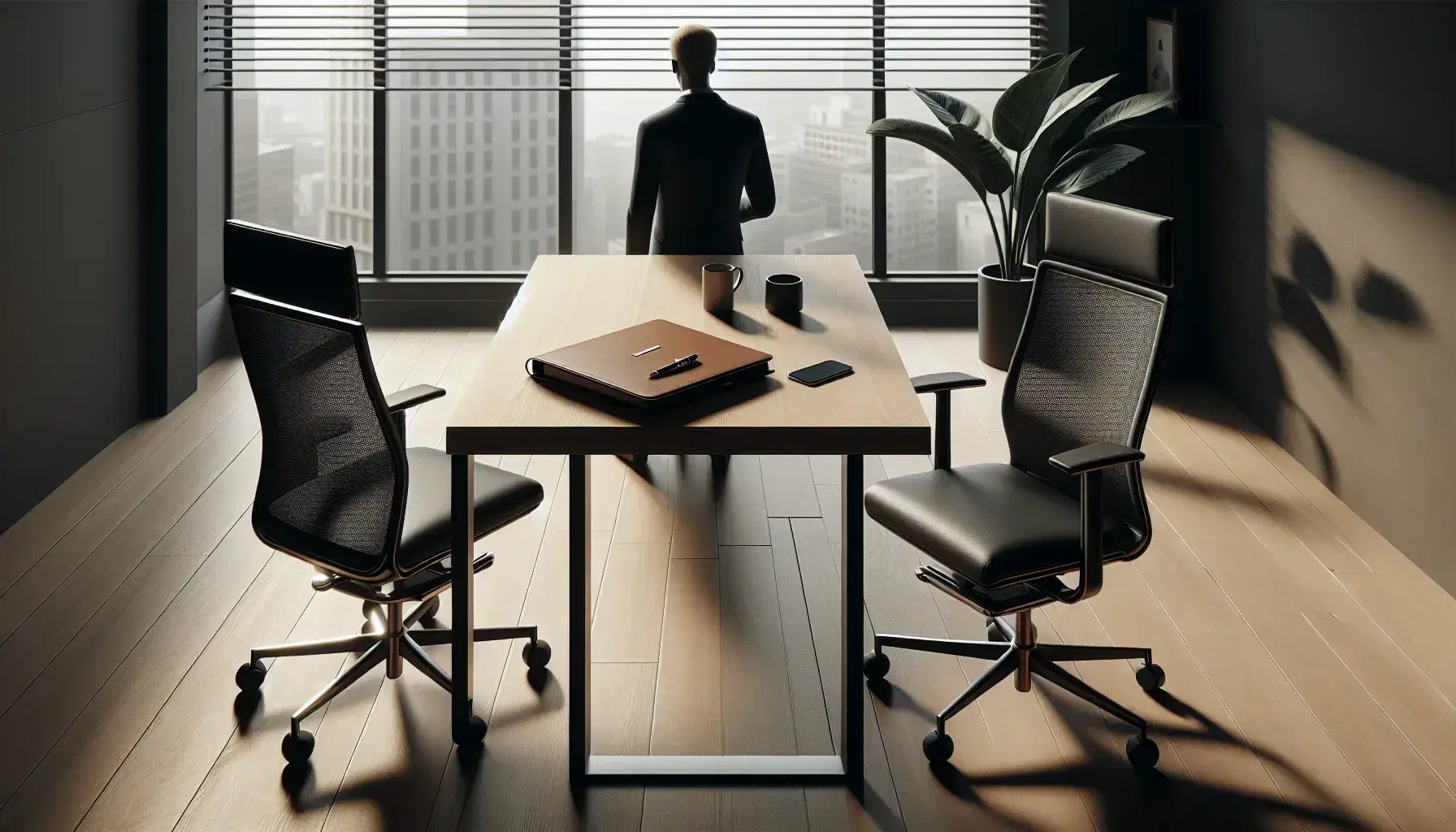 Oficina moderna con mesa de madera, silla ocupada por persona en traje, silla vacía, portafolio, taza de café y planta, iluminada por luz natural.