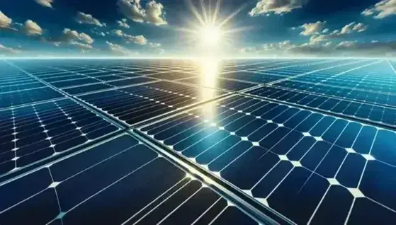 Solar panels in the foreground reflecting blue sky and scattered clouds, with metallic lines on photovoltaic material and bright sunlight.