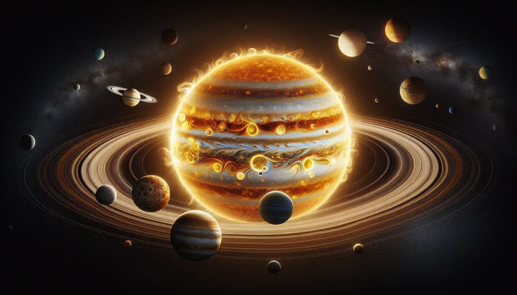 Rappresentazione fotografica del Sistema Solare con il Sole al centro e otto pianeti distinti su sfondo stellato nero.