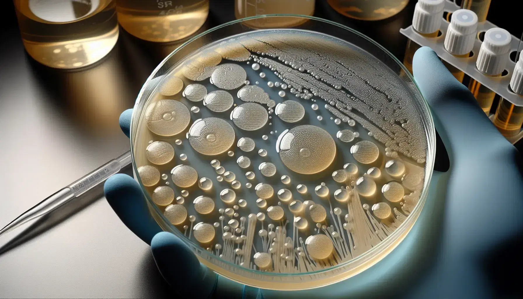 Close-up view of a Petri dish with agar showing clear zones of bacterial inhibition, hands with gloves and a pipette in a lab setting.
