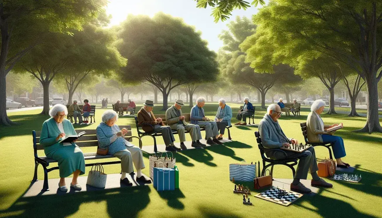 Group of multi-ethnic seniors sitting on benches in a park, some reading, others playing chess or chatting, surrounded by trees and blue sky.