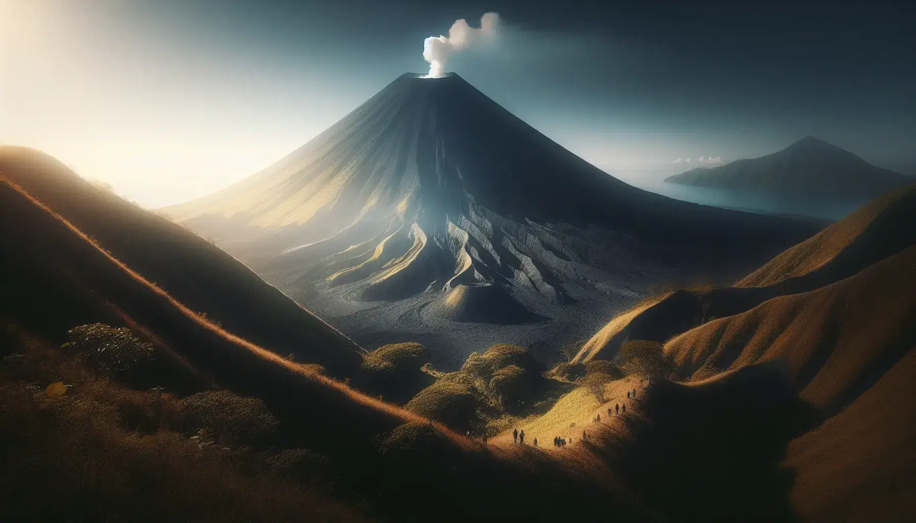 Volcán cono prominente con cráter humeante bajo cielo azul, vegetación densa alrededor y grupo de personas observando a distancia.