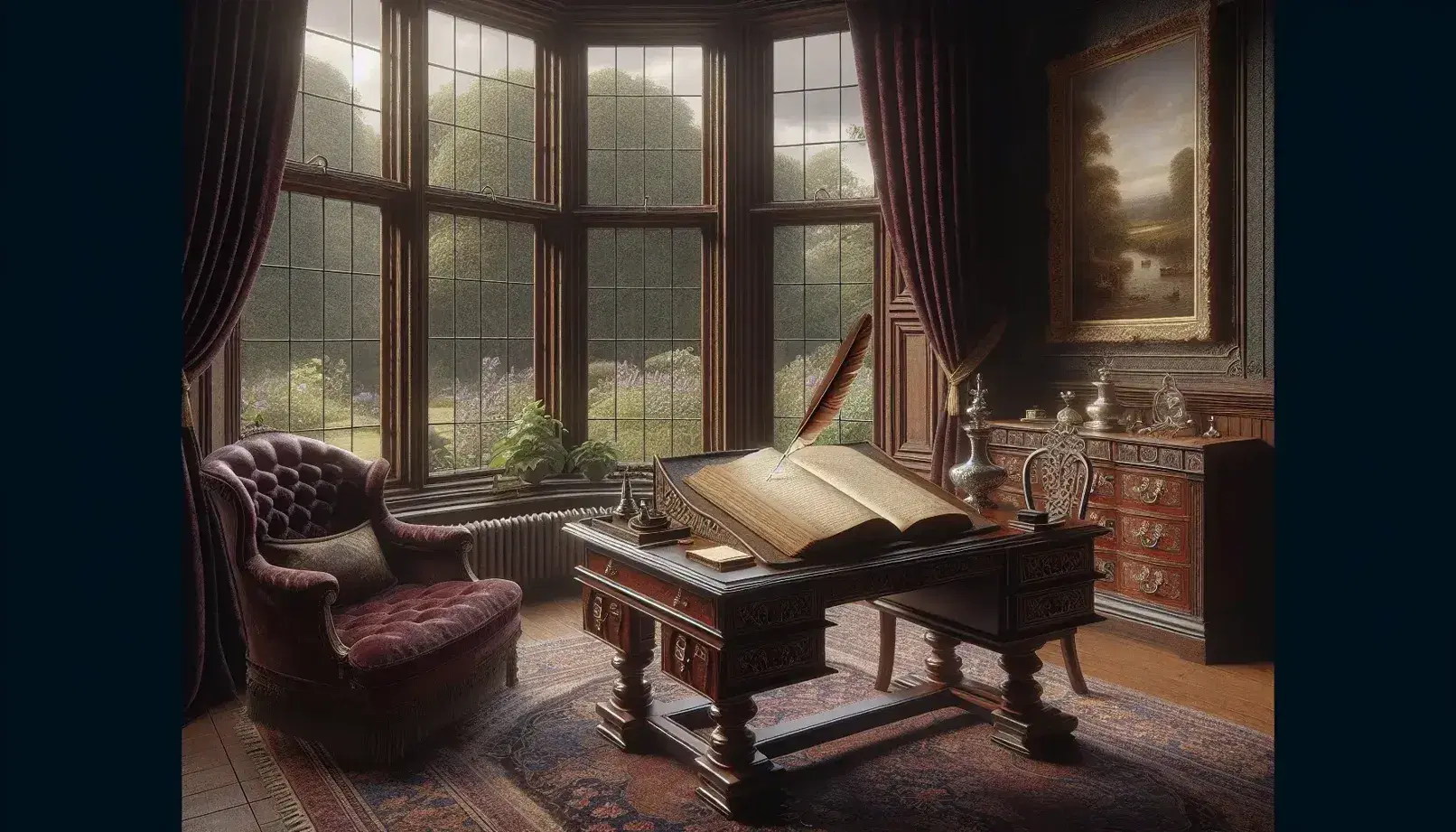 19th-century study with mahogany desk, open book, quill, silver inkwell, bay window overlooking a garden, velvet drapes, and a Persian rug.