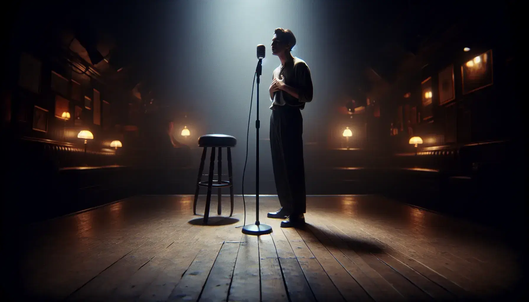 Passionate performer delivering spoken word on a dimly lit stage with a single microphone and stool, spotlight highlighting their expressive gesture.
