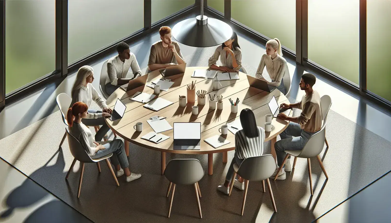Diverse group of five people collaborating around a wooden table with laptops, papers, and mugs, under a modern chandelier, beside a window with greenery outside.
