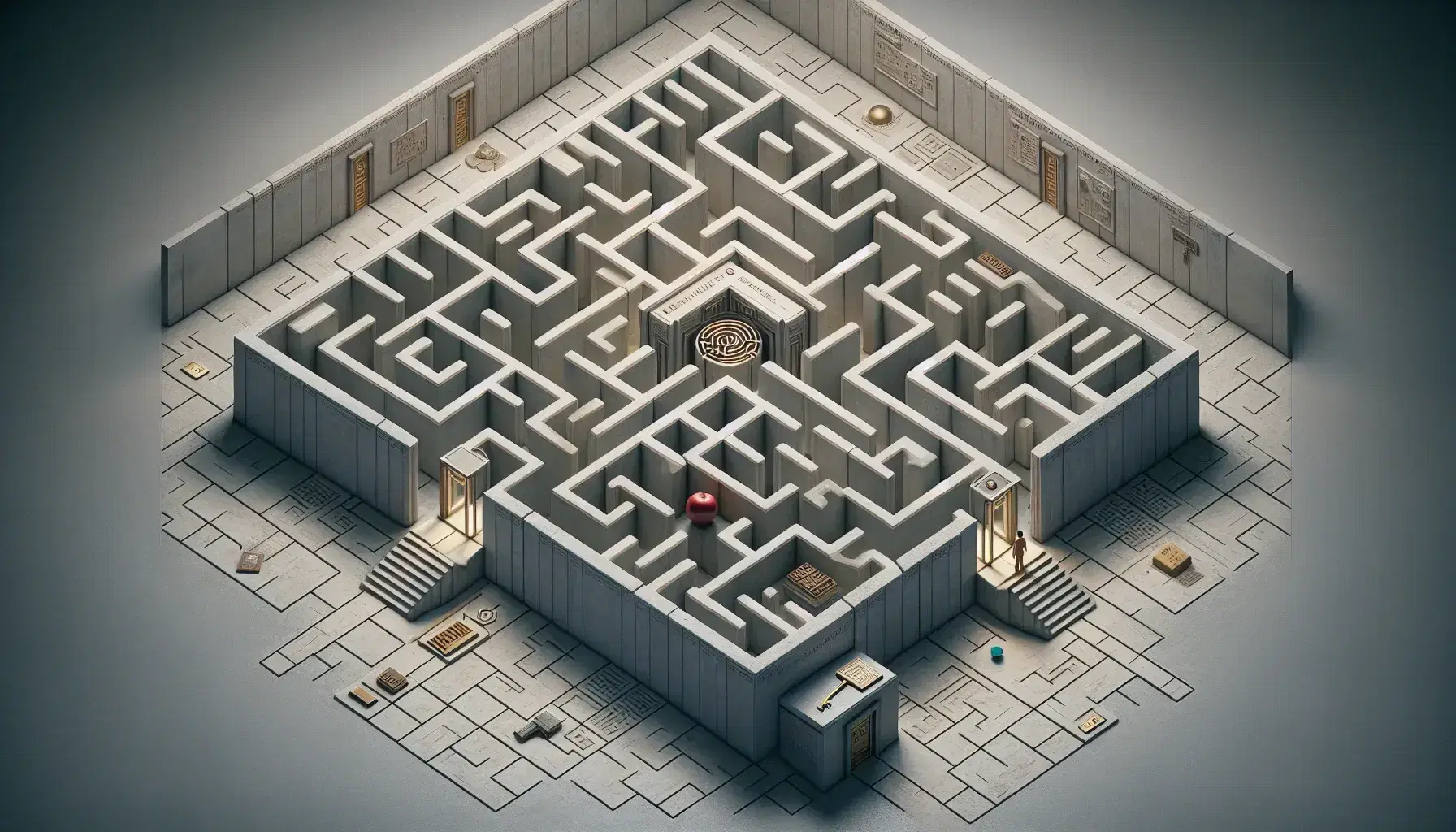 Complex maze from above with gray walls, clear paths, human figure at the entrance, various objects and golden trophy in the center.