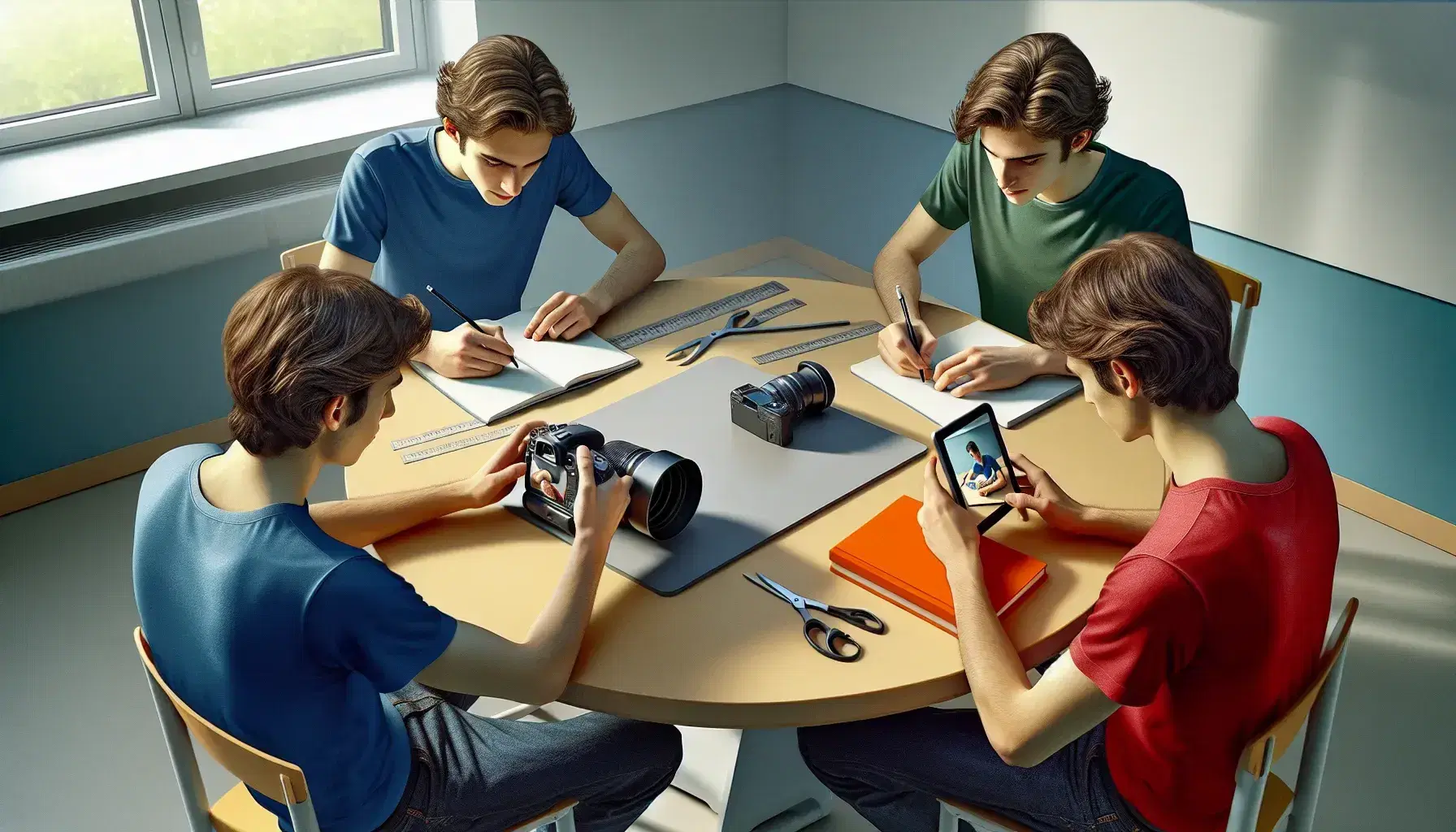 Tres estudiantes colaboran en un proyecto, uno toma fotos con una cámara, otro consulta una tablet y el tercero anota en un cuaderno, rodeados de útiles escolares en un aula iluminada.