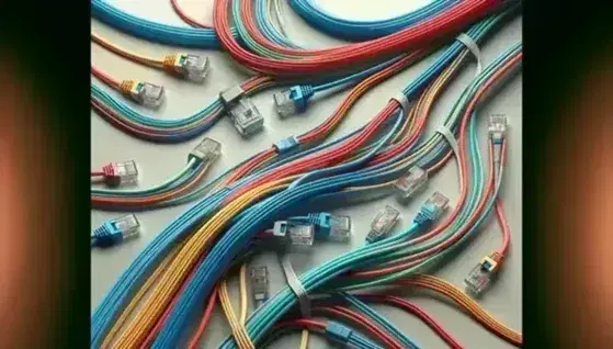 Cavi di rete colorati con connettori RJ45 riflettenti su sfondo grigio, disposti in un pattern ordinato e intricato.