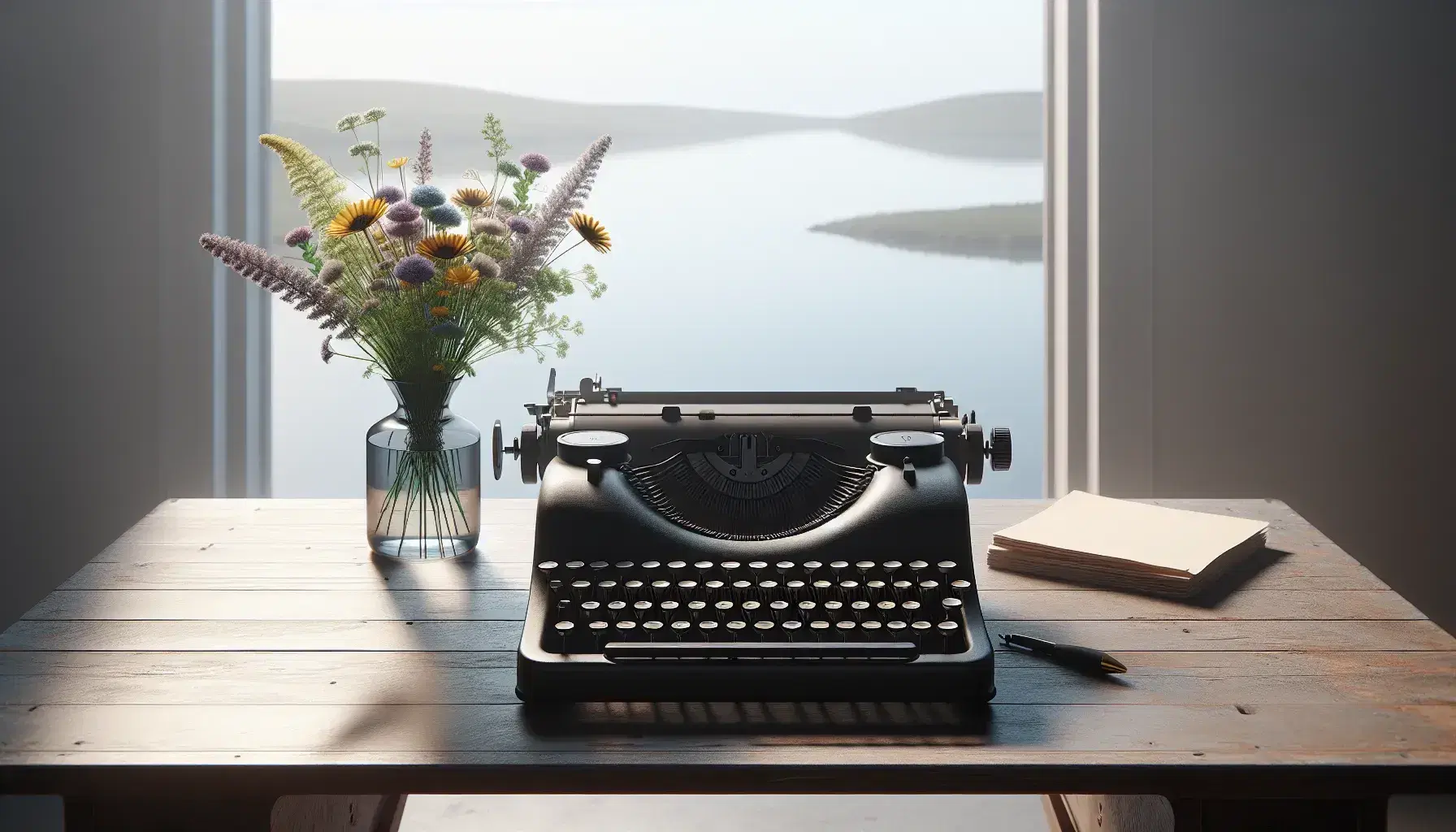 Vintage black typewriter with round keys on a wooden desk, accompanied by a glass vase of wildflowers, beside a serene lake view through an open window.
