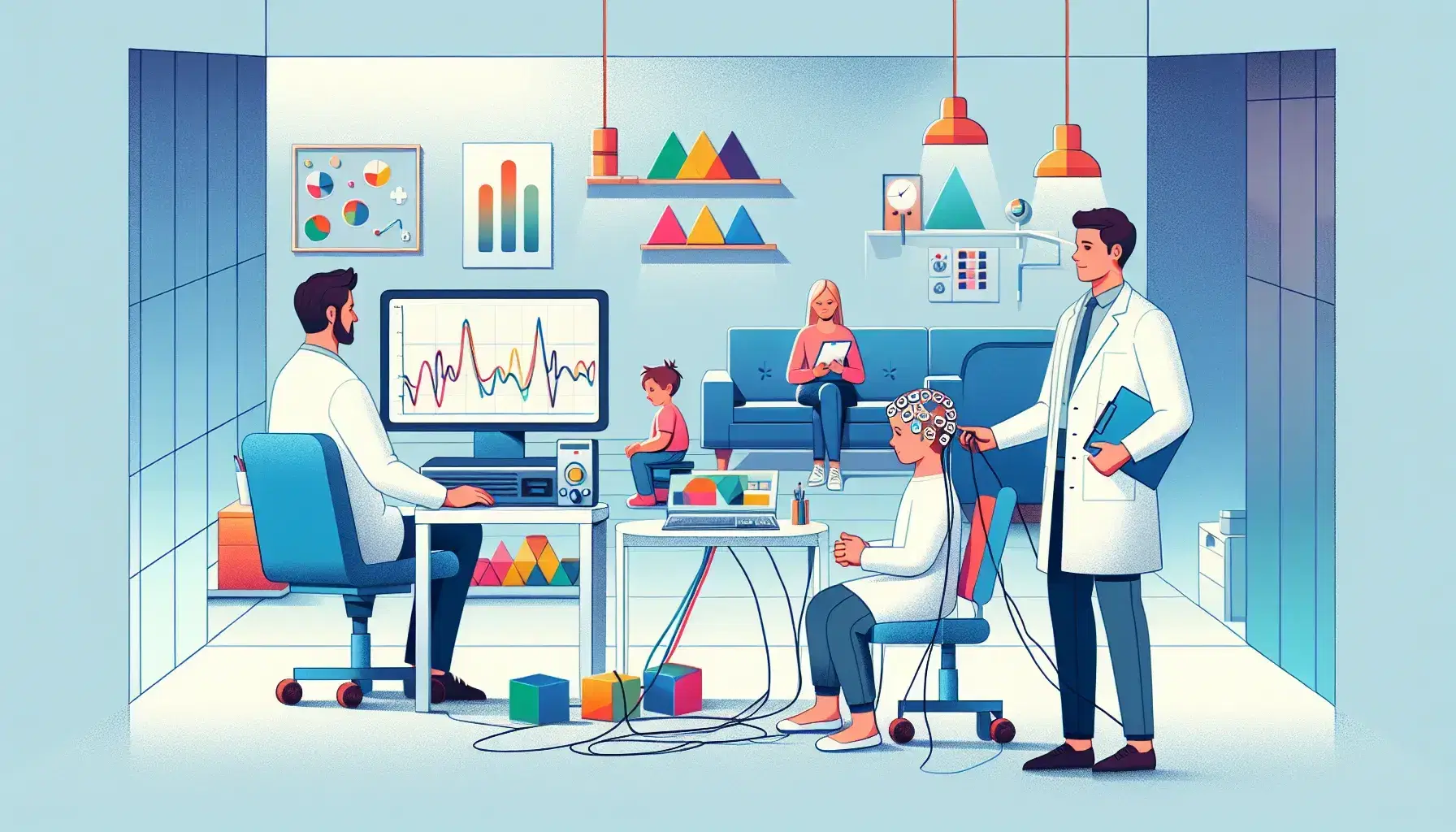 Grupo de cuatro personas en laboratorio de psicología con estudios de psicofisiología y psicología educativa, con equipos y elementos coloridos.